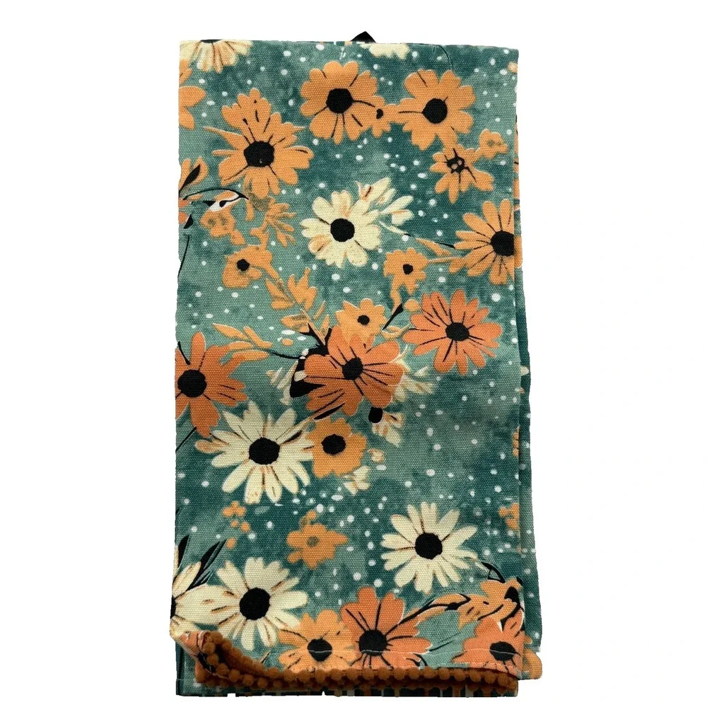 Max Studio Home Kitchen Towels Set of 3 Teal Orange Floral Daisy Embroidered